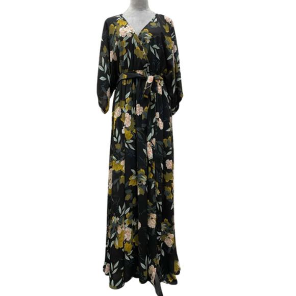Baltic Born XXXL Black Floral Kimono Wrap Maxi Dress Belted V-Neck Polyester - Picture 8 of 12